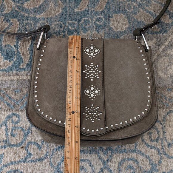REBECCA MINKOFF Crossbody Green Saddle Silver Studded Fold Nubuck‎ Strap Purse - Picture 10 of 11